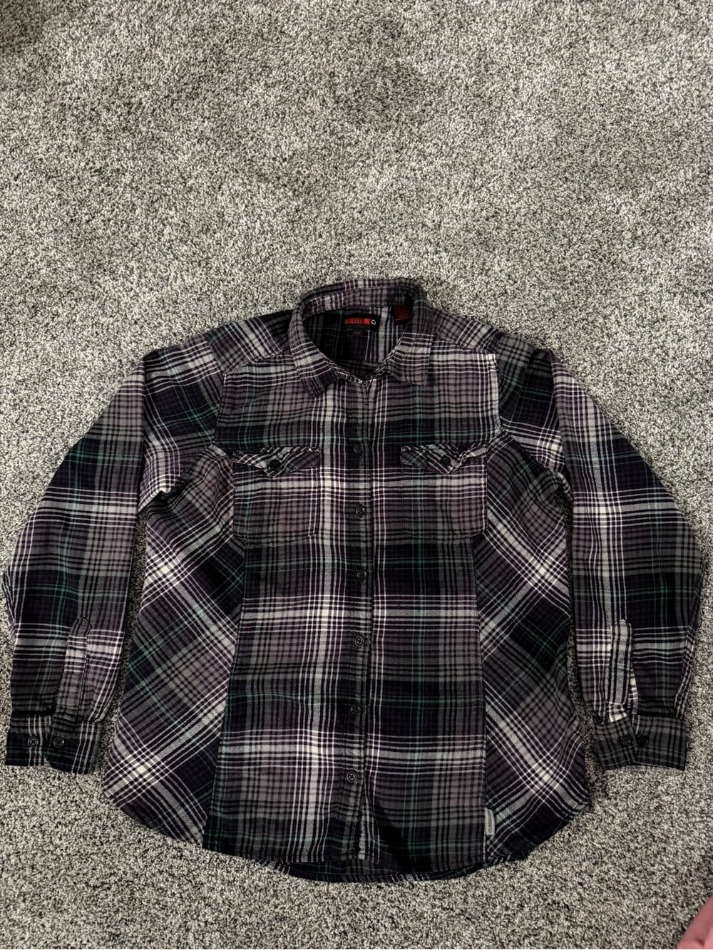 Wolverine purple, green, gray and white plaid flannel shirt in a L